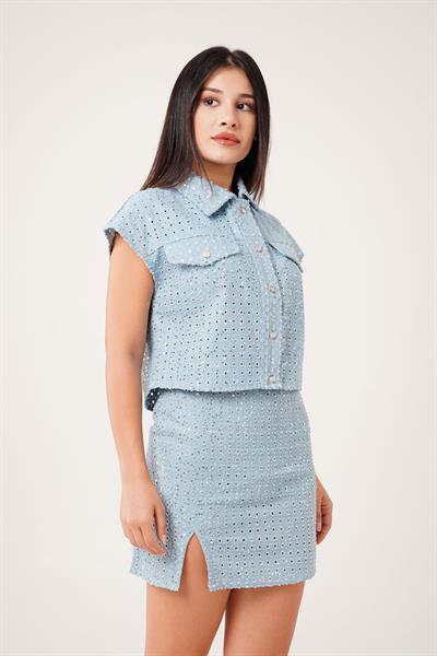 Premium Payetli Çıtçıt Kapamalı Mavi Yelek