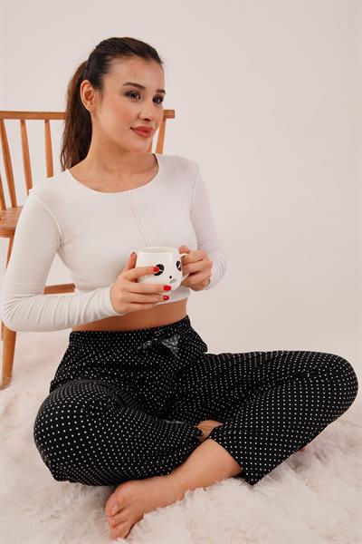 Puantiye Desen Lastikli Siyah Süet Pijama Altı