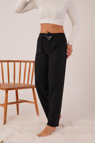 Puantiye Desen Lastikli Siyah Süet Pijama Altı