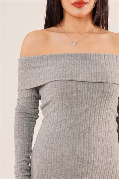 Madonna Yaka Fitilli Gri Triko Elbise