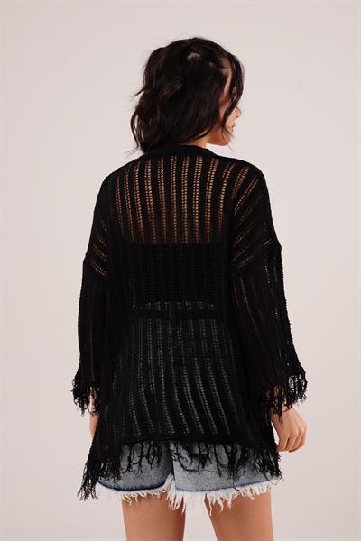 Püskül Detaylı Delikli Model Siyah Hırka