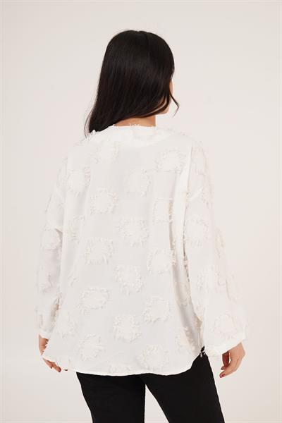 Püskül Detaylı Önden Bağlamalı Ekru Kimono Gömlek