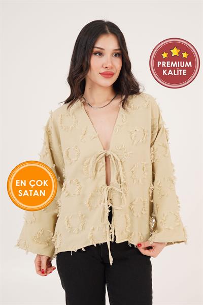 Püskül Detaylı Önden Bağlamalı Bej Kimono Gömlek