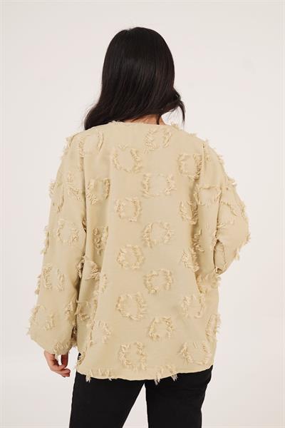 Püskül Detaylı Önden Bağlamalı Bej Kimono Gömlek