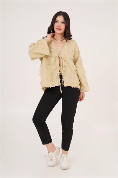 Püskül Detaylı Önden Bağlamalı Bej Kimono Gömlek