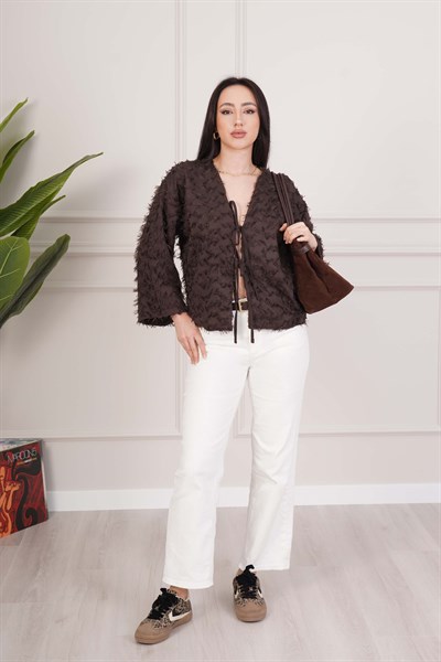 Püsküllü Ön Bağcıklı Salaş Kahve Kimono