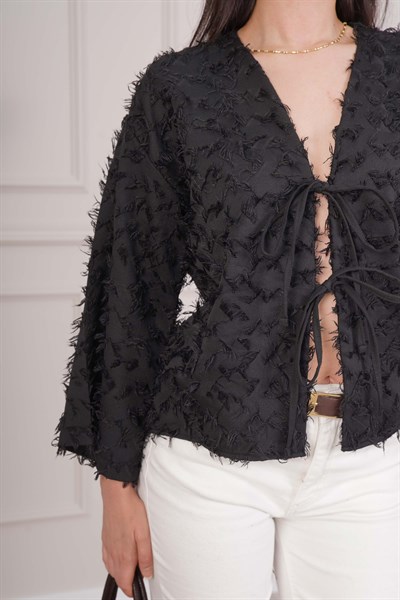 Püsküllü Ön Bağcıklı Salaş Siyah Kimono