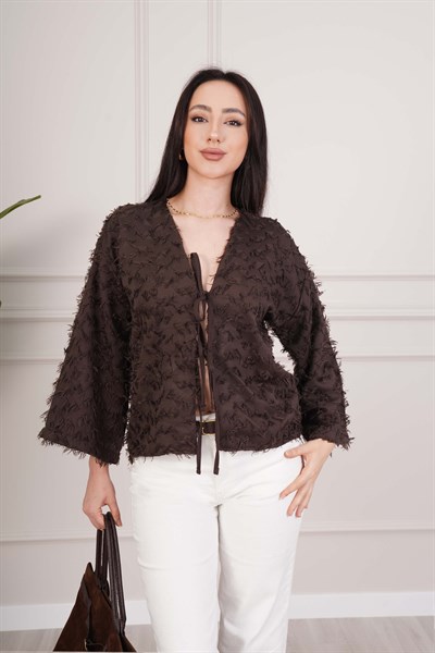 Püsküllü Ön Bağcıklı Salaş Kahve Kimono