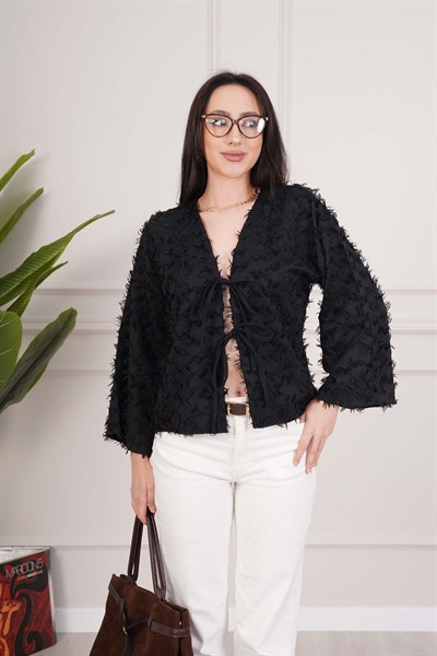 Püsküllü Ön Bağcıklı Salaş Siyah Kimono