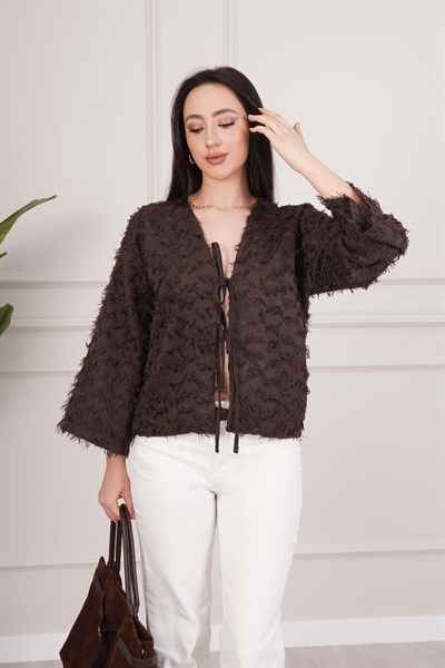 Püsküllü Ön Bağcıklı Salaş Kahve Kimono