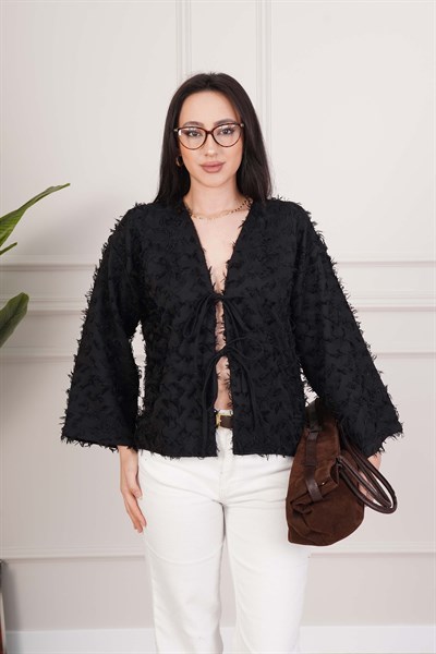 Püsküllü Ön Bağcıklı Salaş Siyah Kimono