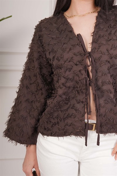 Püsküllü Ön Bağcıklı Salaş Kahve Kimono