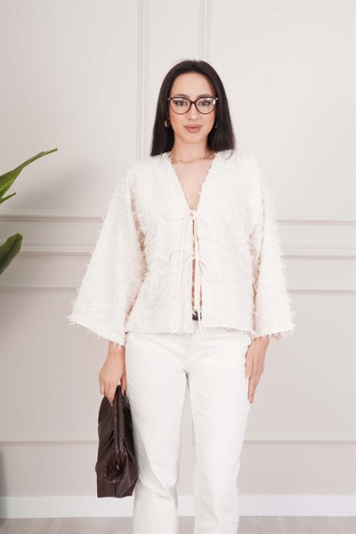 Püsküllü Ön Bağcıklı Salaş Ekru Kimono