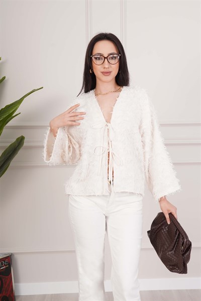 Püsküllü Ön Bağcıklı Salaş Ekru Kimono