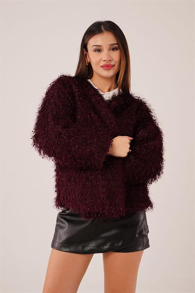Püsküllü Tek Düğme Kapamalı Saçaklı Bordo Kaban
