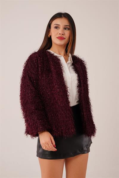 Püsküllü Tek Düğme Kapamalı Saçaklı Bordo Kaban