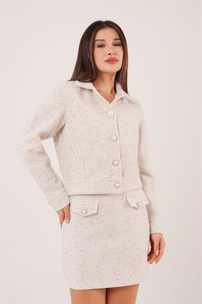 Regular Renkli İp Geçişli Krem Tüvit Ceket