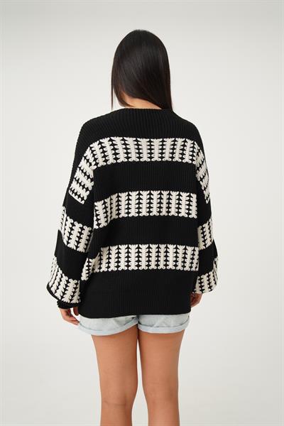 Renk Geçişli Düz Yaka Siyah Oversize Triko Kazak