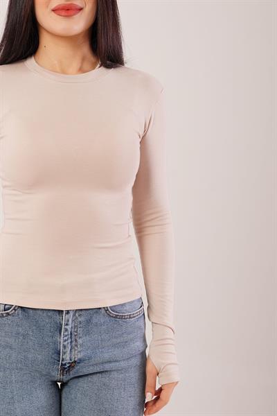 Uzun Kollu Basic Bej Bluz	