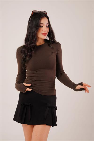 Uzun Kollu Basic Kahverengi Bluz