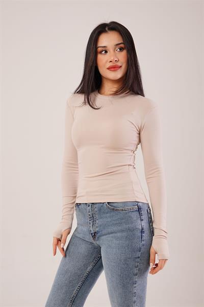 Uzun Kollu Basic Bej Bluz	