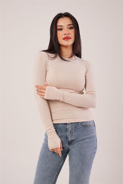 Uzun Kollu Basic Bej Bluz	