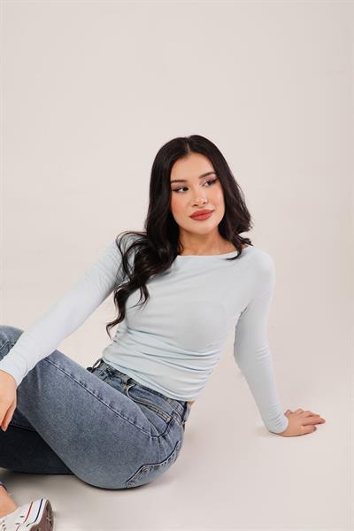 Yan Büzgülü Geniş Yaka Bebe Mavisi Bluz