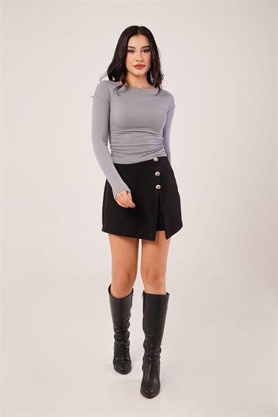 Yan Büzgülü Geniş Yaka Antrasit Bluz