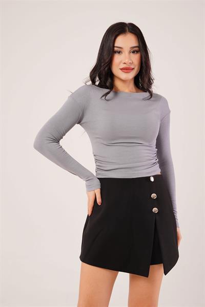 Yan Büzgülü Geniş Yaka Antrasit Bluz