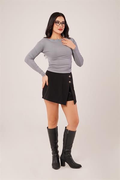 Yan Büzgülü Geniş Yaka Antrasit Bluz