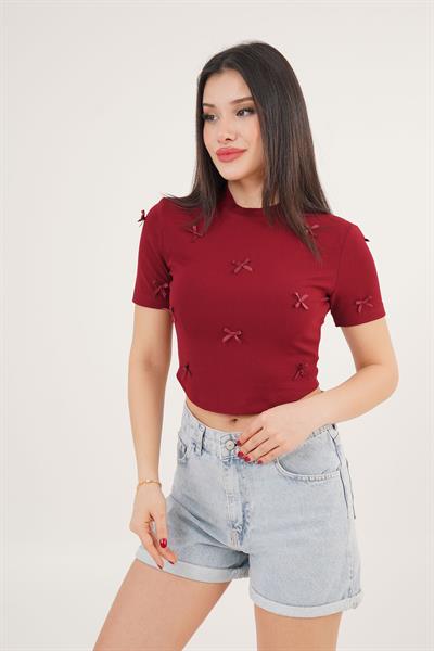 Fiyonk Detaylı Bordo Crop Tişört