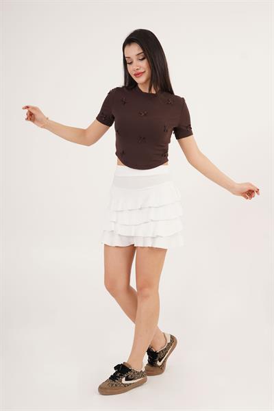 Fiyonk Detaylı Kahverengi Crop Tişört	