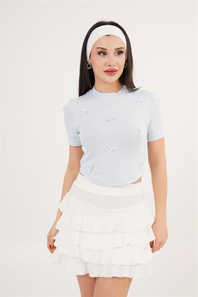 Fiyonk Detaylı Bebe Mavisi Crop Tişört