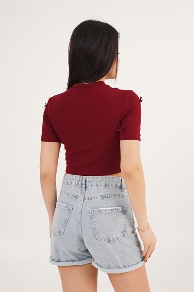 Fiyonk Detaylı Bordo Crop Tişört