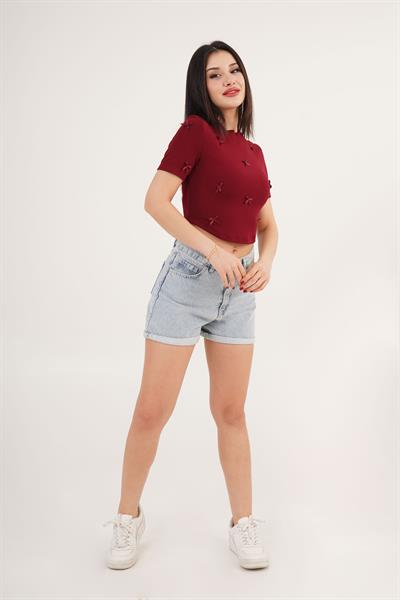 Fiyonk Detaylı Bordo Crop Tişört