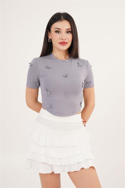 Fiyonk Detaylı Füme Crop Tişört