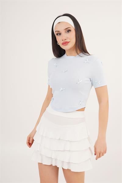 Fiyonk Detaylı Bebe Mavisi Crop Tişört