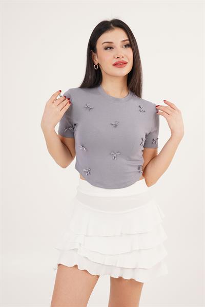 Fiyonk Detaylı Füme Crop Tişört