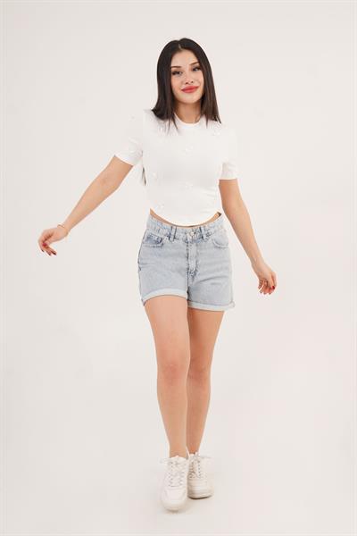 Fiyonk Detaylı Beyaz Crop Tişört