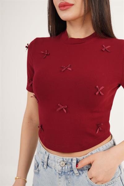 Fiyonk Detaylı Bordo Crop Tişört