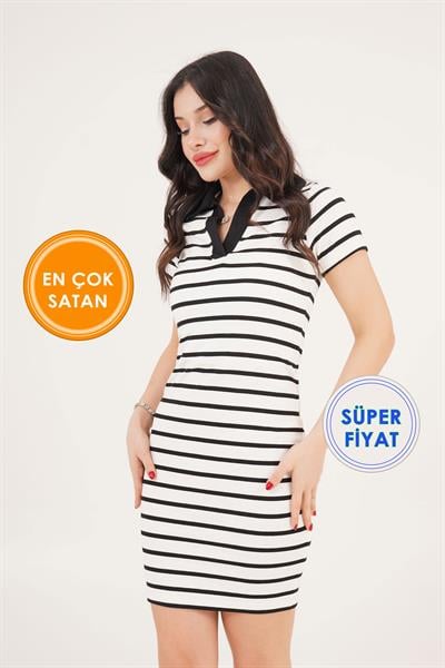 Ribanalı Çizgili Polo Yaka Beyaz Elbise