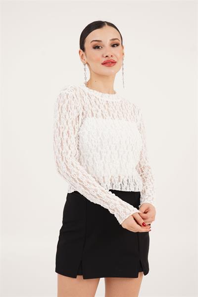 Rose Transparan Dantelli Beyaz Bluz