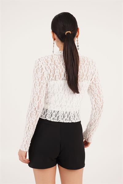 Rose Transparan Dantelli Beyaz Bluz