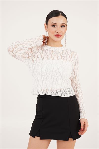 Rose Transparan Dantelli Beyaz Bluz