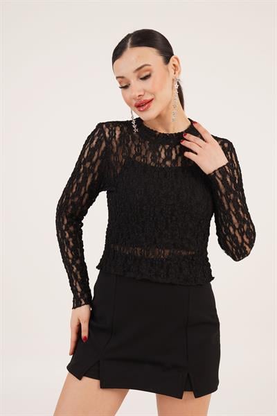 Rose Transparan Dantelli Siyah Bluz