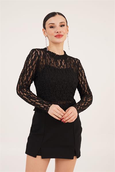 Rose Transparan Dantelli Siyah Bluz