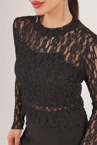 Rose Transparan Dantelli Siyah Bluz