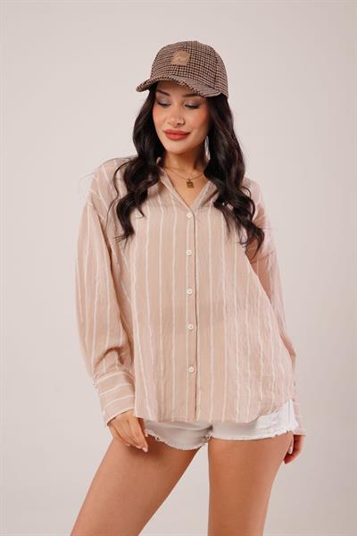 Rustik Çift Çizgili Camel Gömlek