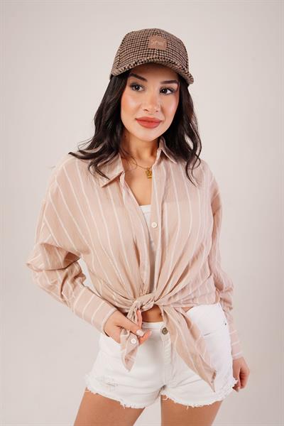 Rustik Çift Çizgili Camel Gömlek