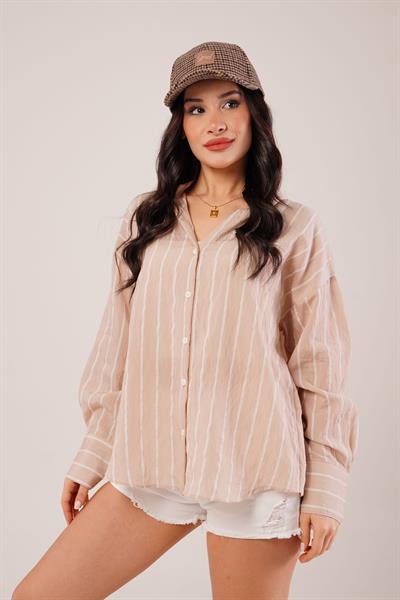 Rustik Çift Çizgili Camel Gömlek